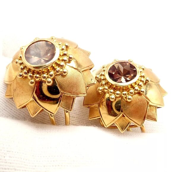Rare! Vintage Paula Crevoshay 18k Gold Brown Zircon Round Flower Earrings OOAK - Picture 6 of 11